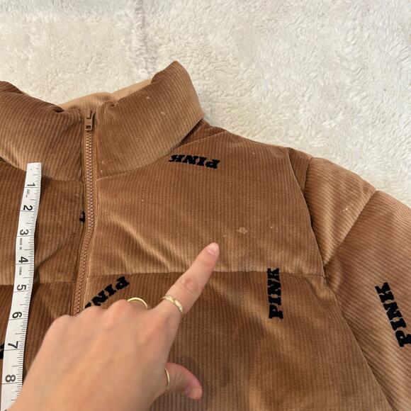 VS Pink Womens Rib Velour Crop Puffer Jacket Color Caramel Sz M Preppy Casual - Picture 8 of 8